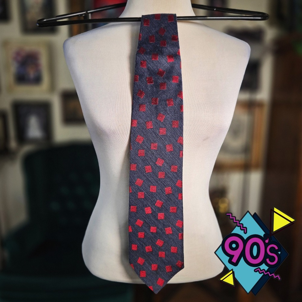 Structure Silk Wool Tie Vintage 90s Mens Red Blue Geometric Square Pattern USA